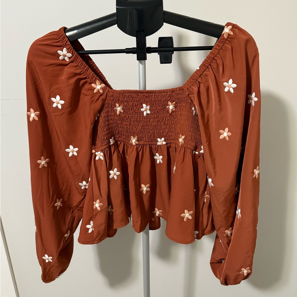 NWT Altar'd State Rust Floral Smocked Blouse Daisy Peasant